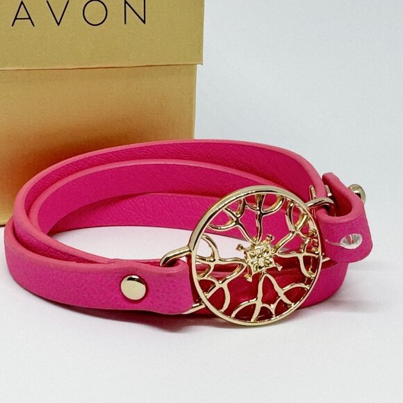 AVON Signature Triple Wrap Bracelet Hot PINK Gold Centre Piece w Box 20 inch - Picture 2 of 3